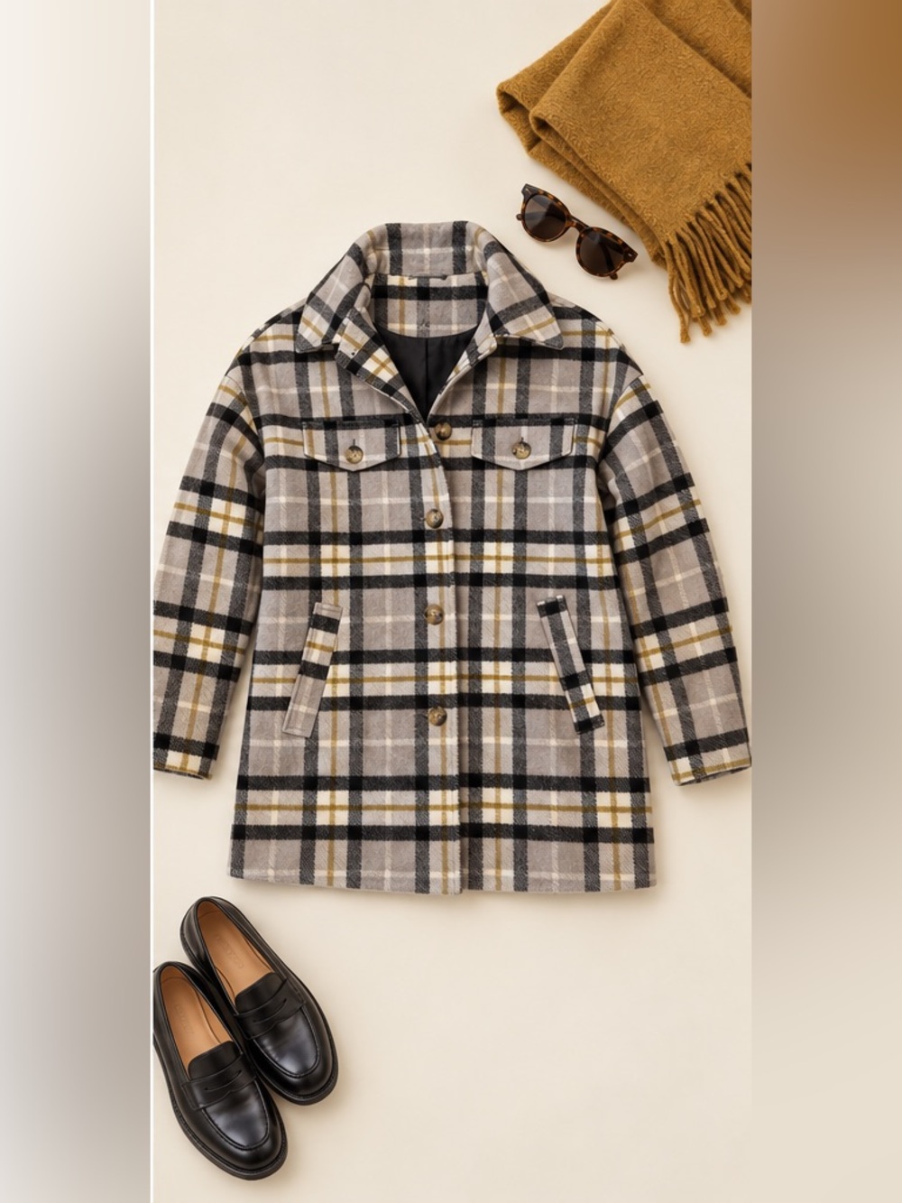 Vero Moda Gray Plaid Pea Coat with Black & Gold Accents